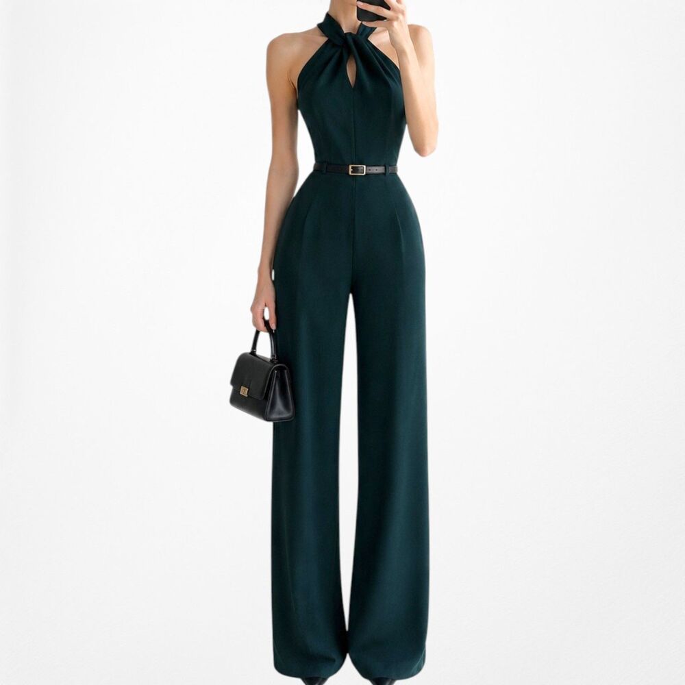 Vintage Y2K 90s Green Sleeveless Halter Wide Leg Tailored Suit Jumpsuit Size M